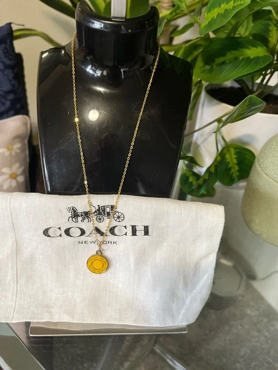 COACH Gold-Tone Necklace with Yellow Enamel Round Pendant & dust bag - Picture 2 of 4